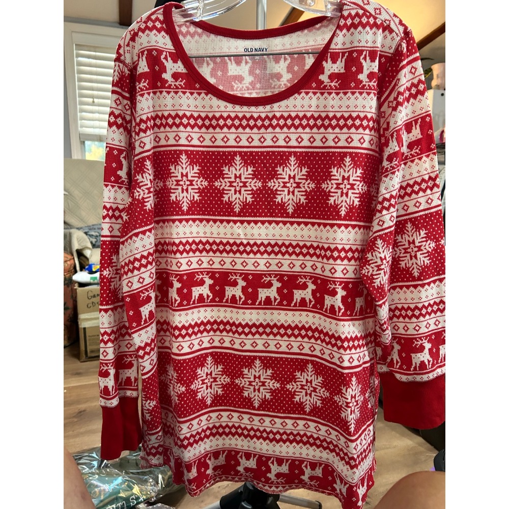 Old Navy Womens 3X Red White Fair Isle Reindeer Thermal Pajama Set 2 Piece